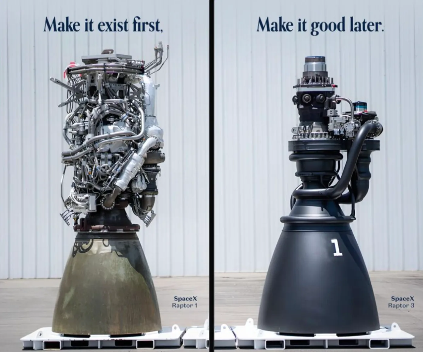 SpaceX's Raptor 1 and Raptor 3 rocket engines side by side: the first a tangle of pipes and wiring, the latest a clean, simple form.