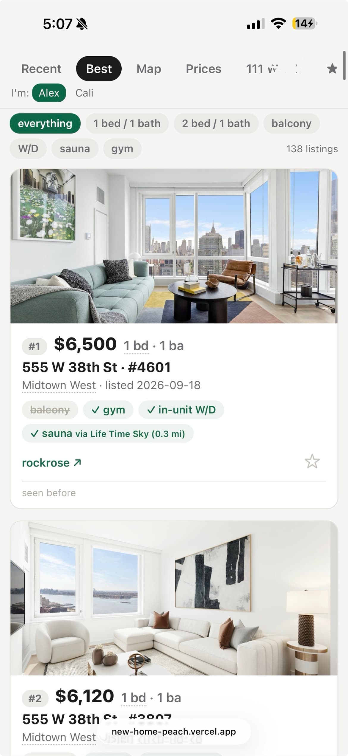 The Best tab on a phone: filter chips for bed count and amenities, then ranked listings; #1 is a $6,500 one-bed in Midtown West with a photo, checks for gym, in-unit laundry and a nearby sauna, and a star button.