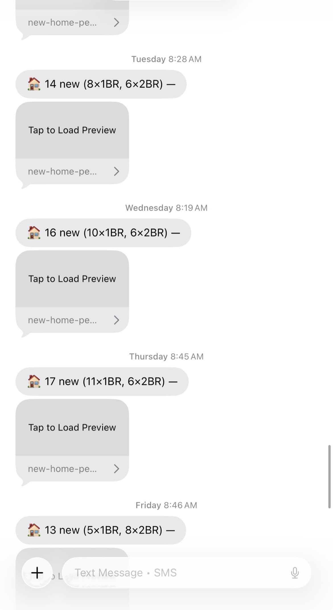 The daily text digest in Messages: one message each morning with the count of new one- and two-bed listings and a link to the app.